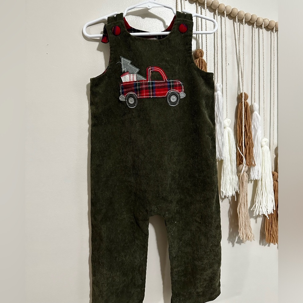Mud Pie Olive Green Romper with Red Plaid Truck